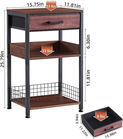 Lerliuo Walnut Printer Stand with Fabric Drawer, 3 Tier Industrial Side Table, Modern Small Printer Desk Holder with Storage Shelf,Multi-Functional Bedside Tables for Home Office Fax Machine Scanner