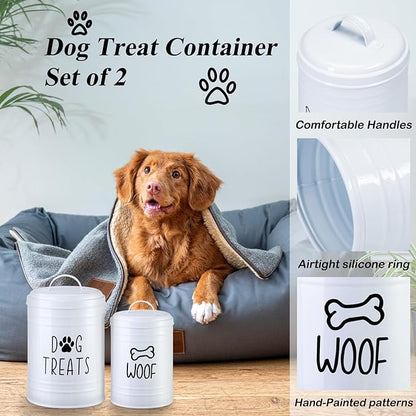 Dog Treat Container Airtight, Dog Treat Jar Set of 2 with Lid - 9x5.5''&7x4'' Metal Dog Cookie Jar for Farmhouse Kitchen Counter, White Pet Treat Container, Dog Treat Storage Container for Dogs, Cats