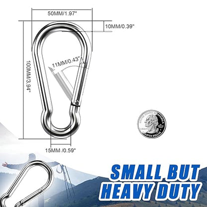 Large Carabiner Clip Hooks, 4pcs 4 inch Carabiners Heavy Duty, 304 Stainless Steel Spring Snap Hook Fits Camping Hanging Hiking Weight Lifting, Metal Clips for Rope or Chain