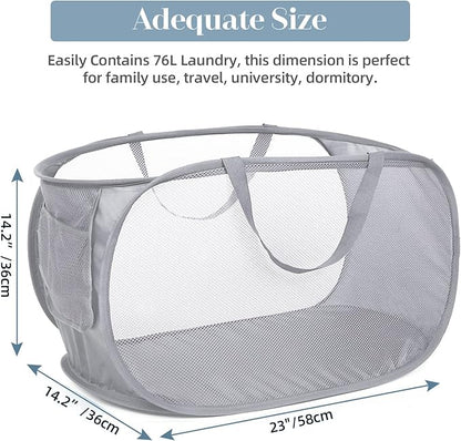 Durable Collapsible Laundry Baskets, Mesh Pop Up Laundry Hamper with Side Pocket, Foldable Clothes Storage Hamper with Reinforced Carry Handles for Laundry, Bathroom, Kids Room, Dorm or Travel Grey
