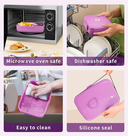 Bento Lunch Box with Kids/Adults, 5 Compartments Leakproof Lunch Container with Dressing Cup, Eco-Friendly Double Insulated Boxes, Dishwasher and Microwave Safe, BPA-Free (purple)