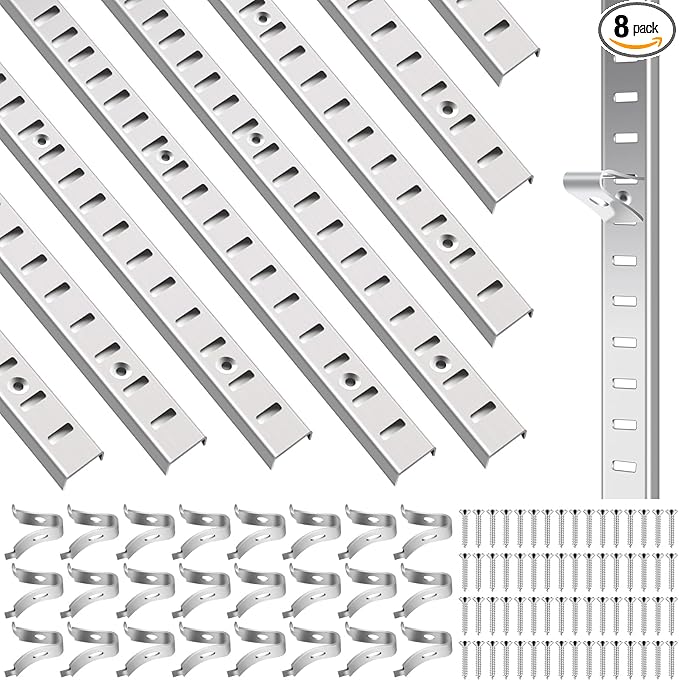 8 Pcs 40 Inch Shelf Pilaster Tracks and 24 Pcs Shelf Clips Adjustable Metal Rail Mortise Mount Pilaster Strip Standard for Bookcases Cabinet Closet Shelving System