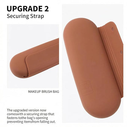 Silicone Makeup Brush Holder Travel Cosmetic Bag：Soft Portable Cosmetic Face Brushes Holder with Upgrade Anti-Fall Out Magnetic Closure, Large Travel Makeup Brush Case - Brown