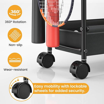 Basketball Rack 3-Shelf Training Stand, Garage Sports Equipment Organizer - Rolling Ball Storage Rack with Wheels, Ball Racks for Basketball, Soccer, Basketball Racks Ball Cart with Hooks.