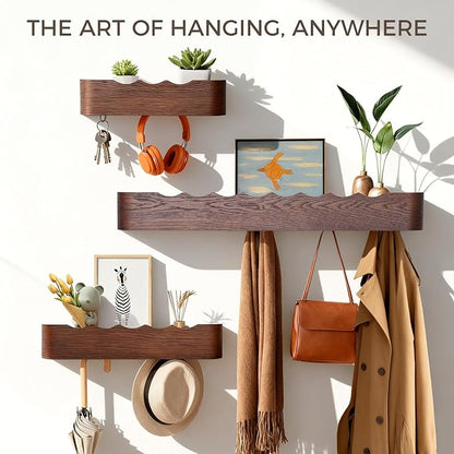 Wall Coat Rack Floating Shelves Modern Coat Rack Wall Mount with Storage Entryway Shelf Wooden Hanger 20 Inch 4 Hidden Metal Hooks for Living Room Bedroom (Wavy Walnut Color, 8 Hooks)