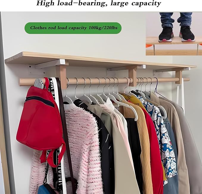 Mounted Closet Systems with Shelves, Closet Organizer System with Hanging Rods, Wall Mount Bedroom Wardrobe Walk-in Closet, Solid Wood Garment Rack (150cm/59in)