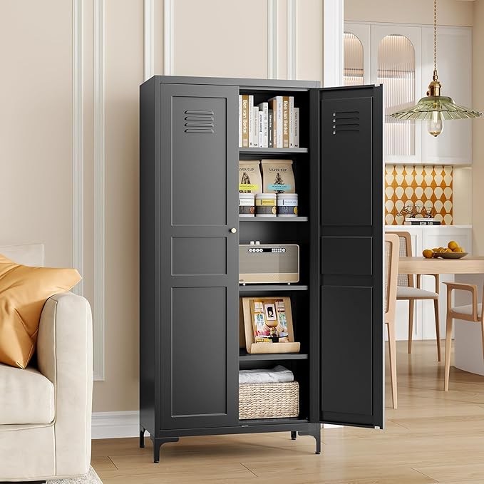 MIIIKO Storage Cabinet with Doors, Metal Pantry Cabinet, Tall Kitchen Storage Cupboard with 4 Shelves, Freestanding Cabinet for Laundry Room, Garage and Bathroom