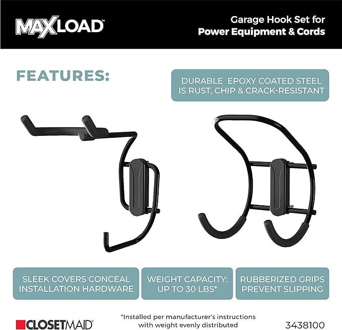 ClosetMaid MaxLoad 2-Pack Garage Hooks & Hangers Wall Mount Heavy Duty Storage for Cords, Hoses, Power Equipment, Black
