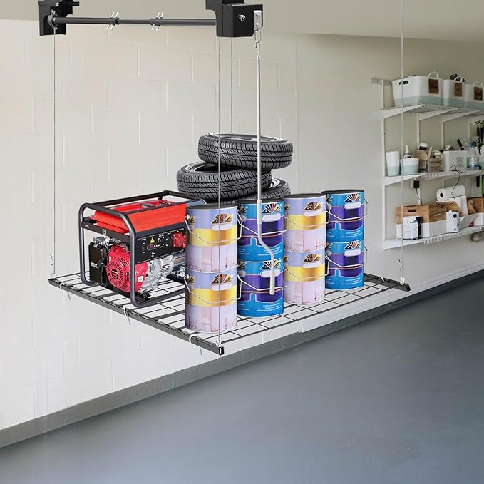 Garage Lifting Storage Rack, 250lbs Adjustable Overhead Garage Storage Rack Heavy-duty 4x4 FT Garages Ceiling Storage Lift Max. Adjustable Height 96in (Matte Black 250Lbs)