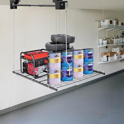 Garage Lifting Storage Rack, 250lbs Adjustable Overhead Garage Storage Rack Heavy-duty 4x4 FT Garages Ceiling Storage Lift Max. Adjustable Height 96in (Matte Black 250Lbs)