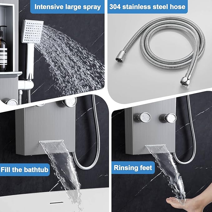 ROVOGO Shower Panel Tower System with Shelf, Rainfall & Mist Shower Head with Led Lights, Body Jets, Handheld and Tub Spout, Stainless Shower Column with Mixer Valve, Brushed