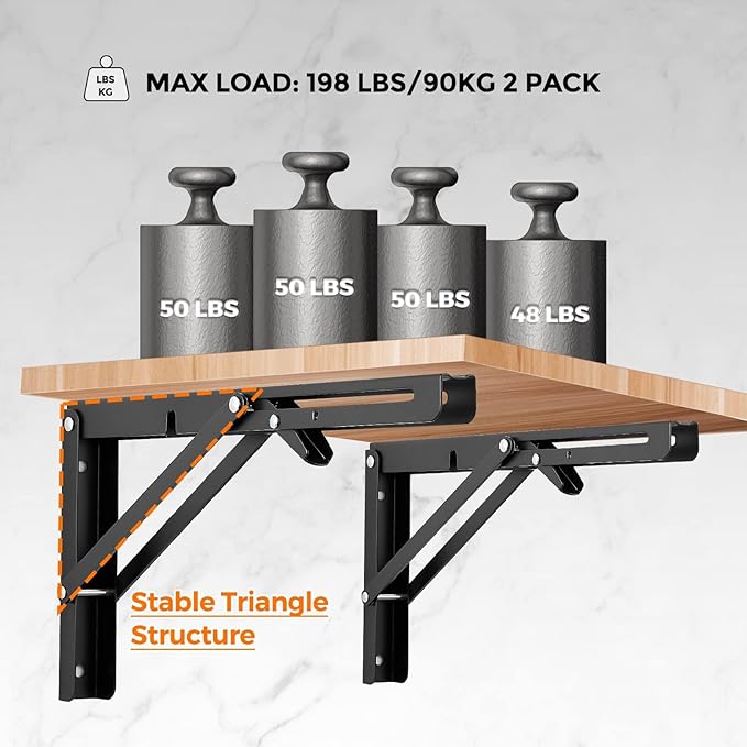 Ravinte 4 Pack 14 Inch Folding Shelf Brackets – Matte Black, Heavy Duty Collapsible Brackets for Tables and Benches – Space-Saving Design