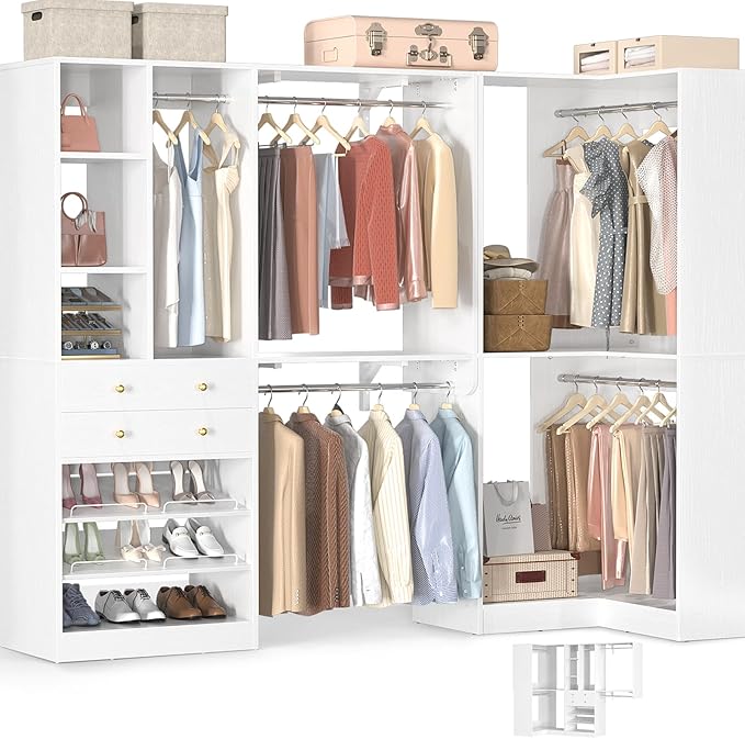 Closet System with 2 Drawers, 5 Hanging Robs, 4 Adjustable Shelves, 90.5"*31.5" Closet Organizer System with Corner Tower, L-shape Walk-in Closet System, Corner Closet System Set of 2, White