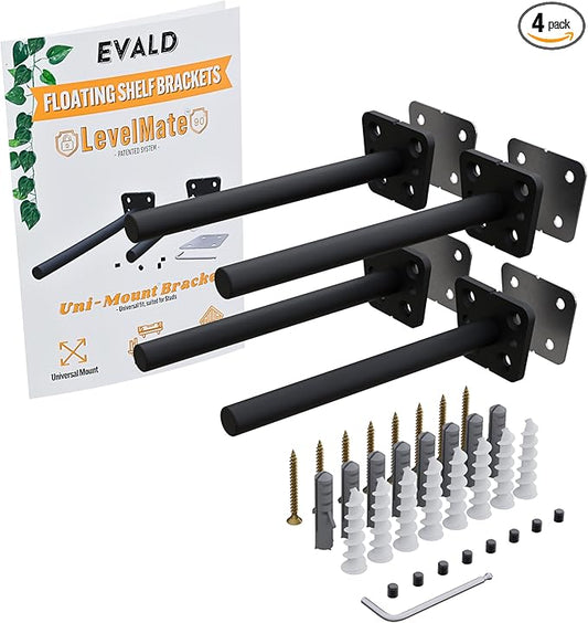 EVALD LevelMate™ 6-Inch Uni-Mount Floating Shelf Brackets | Hidden Black Carbon Steel Wall Supports for Wood Mantel, Kitchen Shelving, Bookshelves & Office Décor | Anti-Sag Pinol Screw System (4 Pack)