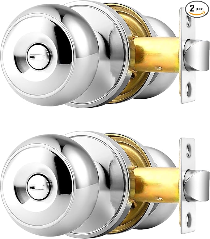 Probrico Door Knobs 2 Pack, Modern Polished Chrome Finish Door Handles with Solid Adjustable 60-70mm Lacth, Interior Doorknob Privacy Locking for Bathroom Bedroom