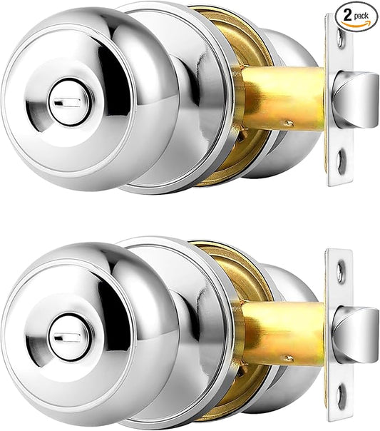Probrico Door Knobs 2 Pack, Modern Polished Chrome Finish Door Handles with Solid Adjustable 60-70mm Lacth, Interior Doorknob Privacy Locking for Bathroom Bedroom