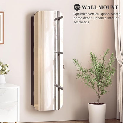 Vlsrka 6 LEDs Mirror Jewelry Cabinet Door Hanging, 47.2" Wall Mounted Jewelry Cabinet, Lockable Full Length Mirror with Storage, Rounded Corner Mirror Jewelry Organizer, 2 Drawers, Black