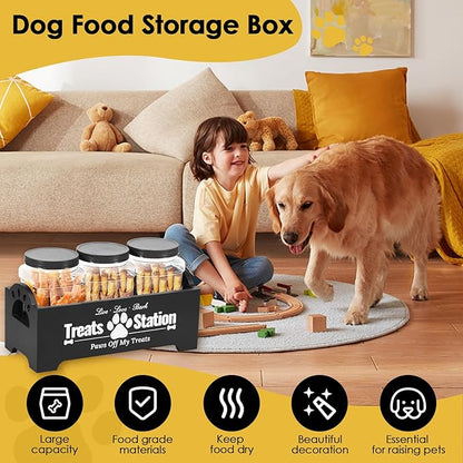 Dog Treat Container, Food Storage Container with 3 Plastic Dog Treat Jars, Reusable Cat Treat Container, Pet Treat Storage Organizer, Wood Dog Treat Holder, Dog Food Container for Dog Cat(black)