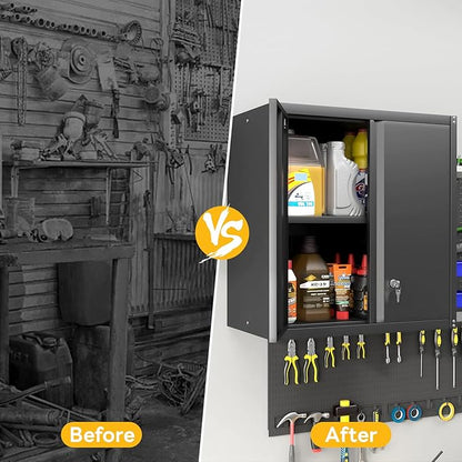 LUCYPAL Garage Storage Cabinet,27.95" H Metal Wall Cabinet with Locking Doors and Adjustable Shelves,Steel Garage Wall Mounted Cabinets for Home Office,Kitchen,Basement,Black