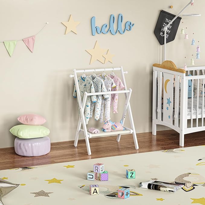 Baby Clothing Rack for Baby Shower Pets Dolls, Baby Clothes Rack with Storage Shelf & Double Rods, Toddler Clothes Rack, Mini Closet Baby Shower Rack (White)