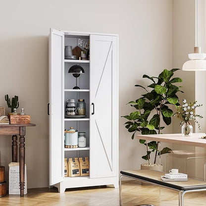 White Tall Farmhouse Metal Pantry Linen Storage Cabinet and Organizers - Cupboard 75" H x31.5 W x15.7 D Rustic Hutch Cabinet Bookcase with Doors and Adjustable Shelves for Home Office
