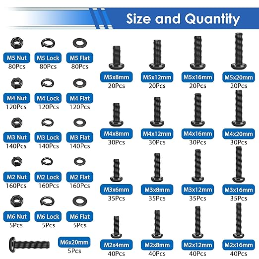 smseace 2020Pcs Metric Screws Assortment Kit 32-Sizes M2/M3/M4/M5/M6 Nuts and Bolts Assortment Kit for Machinery, Furniture, Automotive, 3D Printing, Motorcycle Repairs Metric Screw Assorted