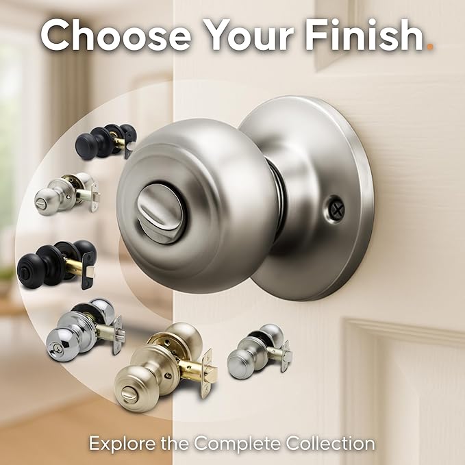 Copper Creek Polished Stainless Door Knobs - Round Colonial Knob with Privacy Locking Function for Home Improvement, 1 Pack - Fits All Standard Doors - Locking Door Knob for Bedroom and Bathroom Use