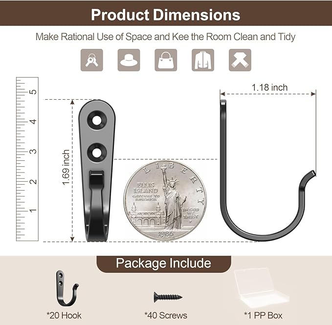 20-Pack Towel Hooks for Bathroom, Heavy Duty Black Metal Wall Hooks for Robe, Coat, Kitchen, Closet, Garage Organizer