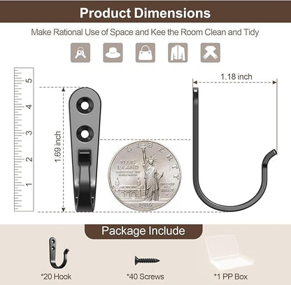 20-Pack Towel Hooks for Bathroom, Heavy Duty Black Metal Wall Hooks for Robe, Coat, Kitchen, Closet, Garage Organizer