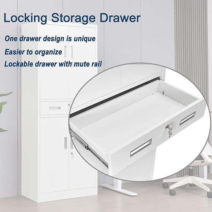 Metal Storage Cabinet, 71" H x 28" W x 16" D Locking Storage Cabinet with Adjustable Shelves and One Drawer for Office, Garage, Home, School, Utility(White)