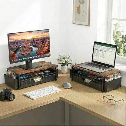 Desk Organizer and Accessories, 2-Tier Computer Monitor Stand Rise with Storage Drawer & 2 Pen Holders, Laptop & Printer Stand for Desktop, Workspace Organizers for Office Supplies (Brown)