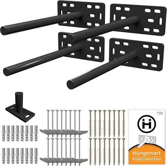 (Set of 4) 4"x5"x2" XL Heavy Duty Floating Shelf Brackets for DIY Shelf- Premium Floating Shelves Hardware for Wall Mounting - Ideal Shelf Bracket for Enhanced Home Decor (10 inch Rod) BLACK