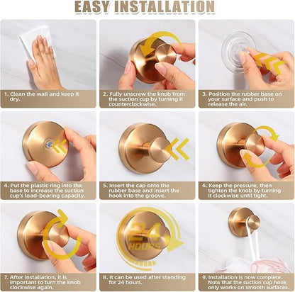 Suction Cup Hooks for Shower No-Drill Bathroom Hooks for Towels, Robes, Loofah Mountable on Bathroom Walls, Kitchen, Glass, Mirrors, Tile and Smooth,Non-Porous Surfaces (2, Champagne Bronze)