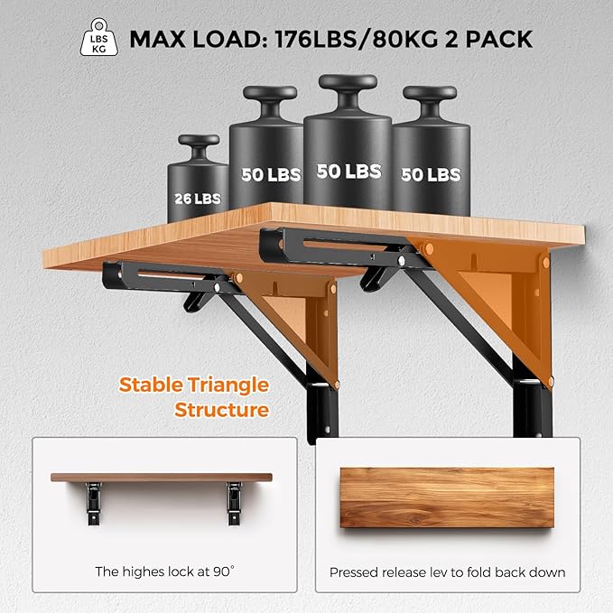 JOY DECOR 12 Inch Heavy Duty Folding Shelf Brackets, 4 Pack (2 Pairs) Collapsible Wall Mounted Brackets for Fold Down Table, Stainless Steel Folding Table Hinge, Matte Black