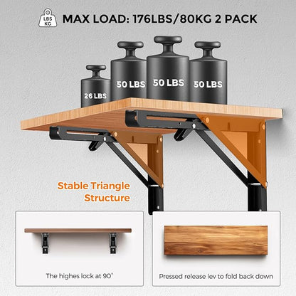 JOY DECOR 12 Inch Heavy Duty Folding Shelf Brackets, 4 Pack (2 Pairs) Collapsible Wall Mounted Brackets for Fold Down Table, Stainless Steel Folding Table Hinge, Matte Black
