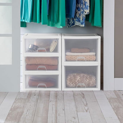 Sterilite 4-Pack 27 Quart Stacking Drawer, Clear Storage Closet Organizer, White Frame - Stackable Modular Plastic Drawers for Clothes, Accessories, Craft Supplies, Shoes or Linens