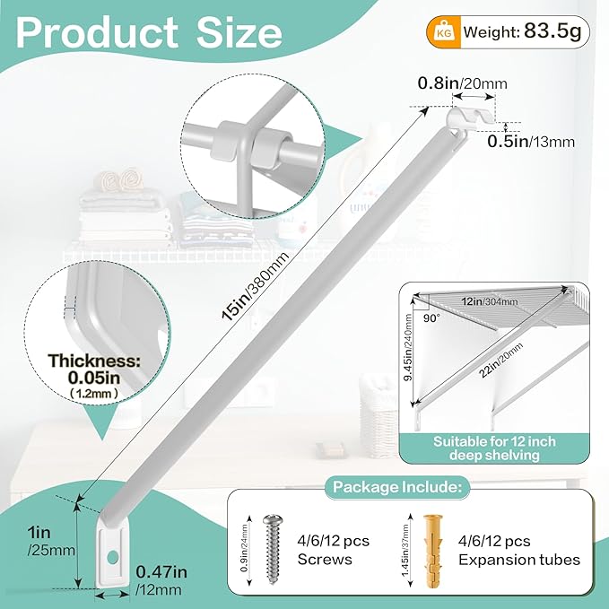 12 Pcs Support Brackets for Wire Shelving 12in Wire Shelf Support Bracket,Reinforced Anti-Sag Design with Anchors & Pins – Strong Shelf Brackets for Closet, Pantry & Storage (White)