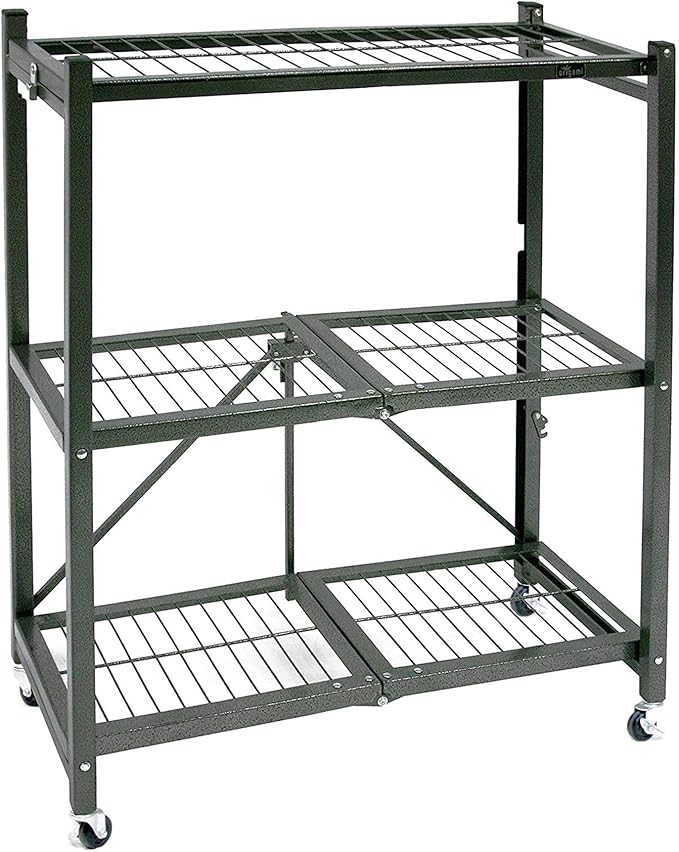 Origami 3-Tier Foldable Storage Shelves, Heavy Duty Rolling Shelf Rack with Wheels, Pewter