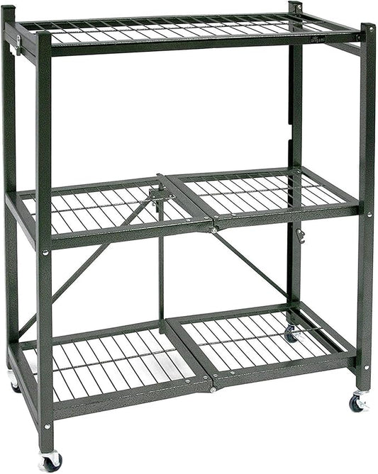 Origami 3-Tier Foldable Storage Shelves, Heavy Duty Rolling Shelf Rack with Wheels, Pewter