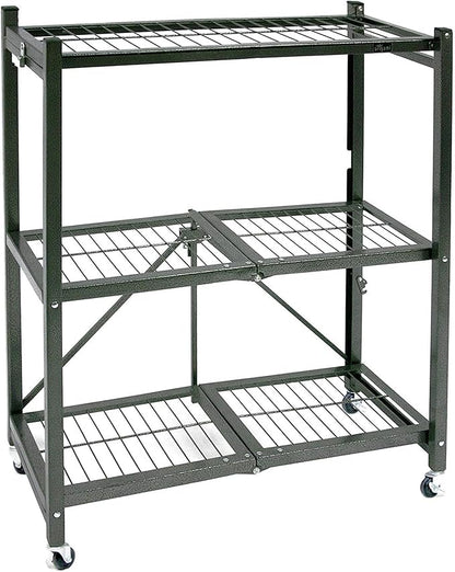 Origami 4-Pack R3 Storage Rack, 3-Tier Heavy-Duty Foldable Steel Shelf with Wheels, Pewter