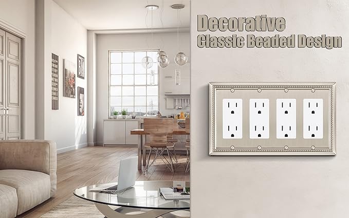 Henne Bery Sunken Pearls Heavy Duty Decorative Wall Plate Switch Plate Outlet Cover (Quad Decorator, Satin Nickel)