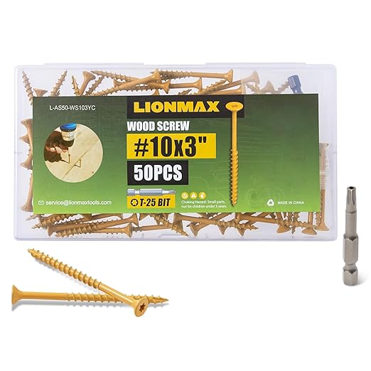 LIONMAX Deck Screws 3 Inch, Wood Screws #10 x 3, 50 PCS, Rust Resistant, Exterior Epoxy Coated, Outdoor Decking Screws, Torx/Star Drive Head Deck Screw, T25 Star Bit Included, Tan