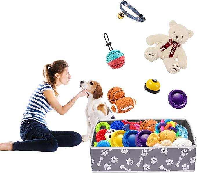 Linen-cotton Blend Dog Toy Organizer Basket - Storage for blankets, leashes, rope toys, clothing - Bone claw pattern