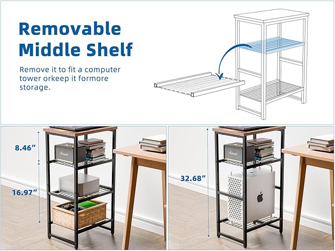 4 Tier Printer Stand, Spacious Floor Mount, Metal, Industrial, Printer Table Holder with Storage Shelf for Home Office Fax Machine Scanner