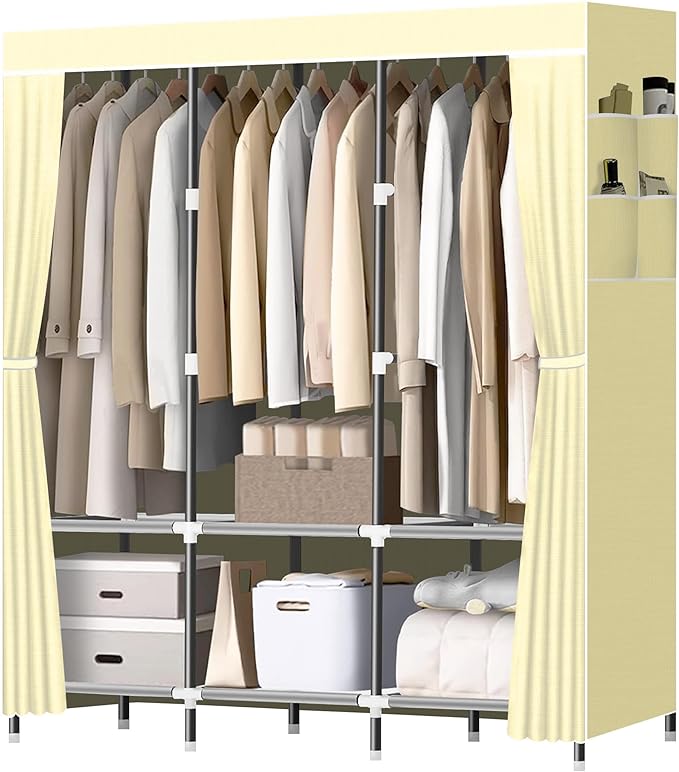 LOKEME Wardrobe Closet,Portable Closet for Bedroom Steel Pipe Diameter 19mm Strong and Sturdy Off White Portable Closets for Hanging Clothes with 3 Hanging rods, 6 Storage Shelves and Side Pocket