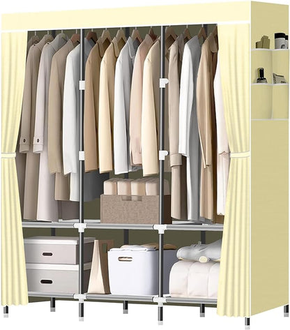 LOKEME Wardrobe Closet,Portable Closet for Bedroom Steel Pipe Diameter 19mm Strong and Sturdy Off White Portable Closets for Hanging Clothes with 3 Hanging rods, 6 Storage Shelves and Side Pocket