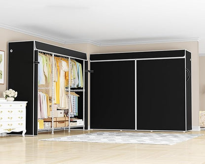E14C Pro Heavy Duty Closet Organizer System，Freestanding Clothing Racks for Hanging Clothes，Adjustable Garment Rack 70.1"W × 16.6"D × 76.4"H Hold 960 lbs，White Rack with Black Dustproof Cover