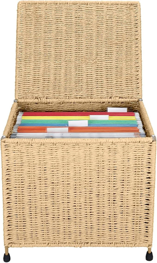 URFORESTIC Seagrass File Filing Cabinet File Box Organizer | Collapsible Letter Size Hanging File Box Organizers with Lid | Decorative Seagrass Filing & Storage Office Box | Letter Size (Natural)