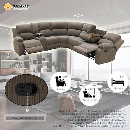 Living Room Furniture Sets, 3 Pieces Reclining Sectional Sofa Set with Cup Holders, Brown Corduroy Recliner Sectional Sofa Set with Storage Console Reclining Couches for Living Room, Bedroom