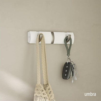 Umbra Flip Wall-Mounted Coat Rack with 3 Hooks – Modern, Space-Saving Storage for Hats, Jackets, Bags, Entryway, Mudroom, Closet, Bathroom, Bedroom – White/Nickel